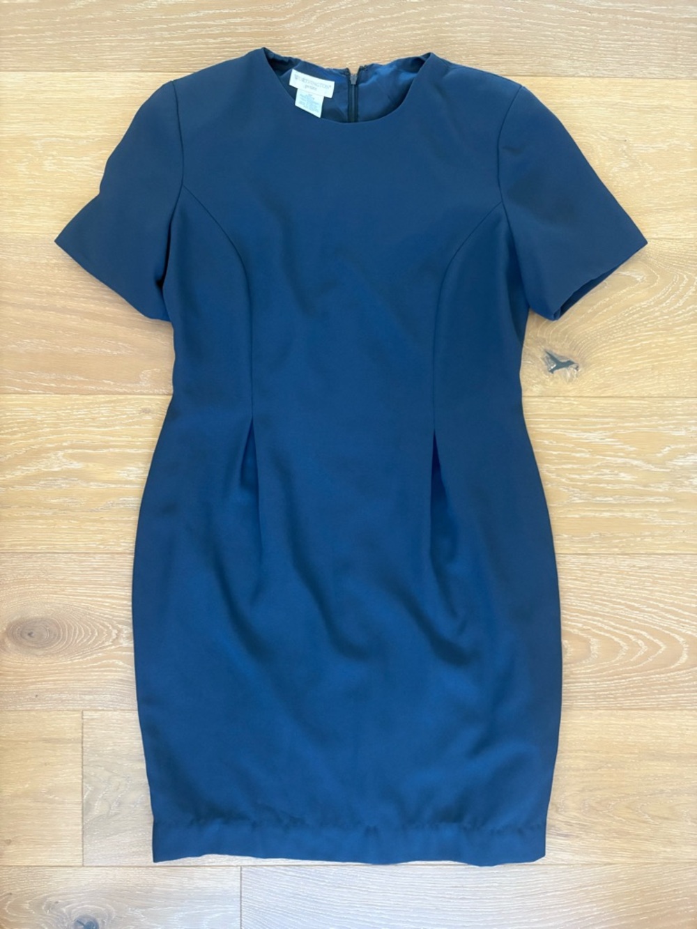 Worthington Navy Short Sleeve Sheath Dress Pleated Interview Work Size 10 Petite